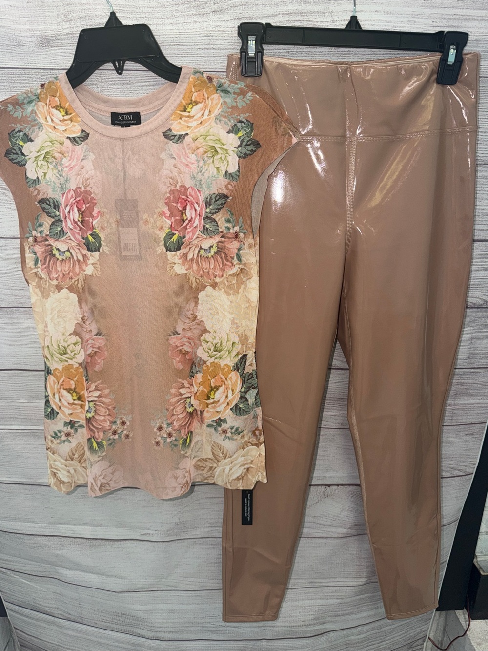AFRM Pink Floral Sheer Top with Nude Glossy Vegan Leather Leggings Set✨